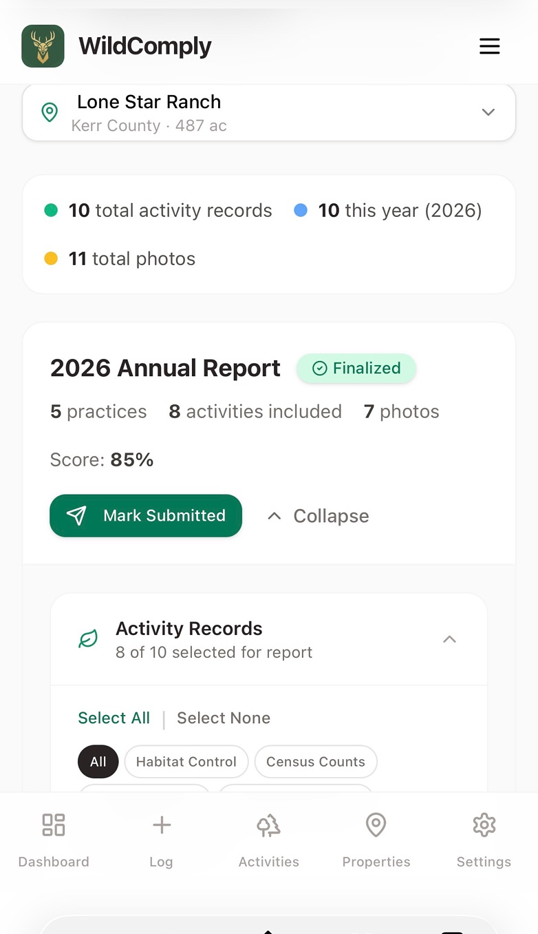 WildComply annual report with activity records selection