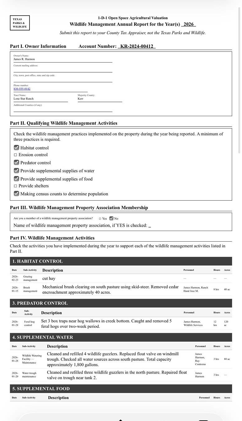PWD-888 Wildlife Management Annual Report generated by WildComply